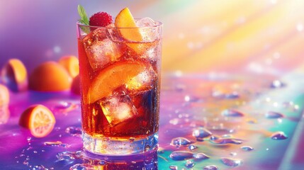 A vibrant fruit iced tea with ice cubes and fresh fruit garnishes, served in a glass on a colorful, energetic background.