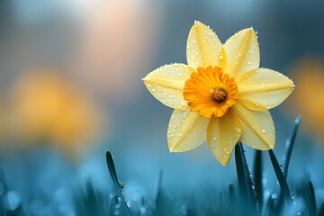 A single yellow daffodil with dewdrops in a field