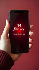 February 14 happy valentine day on the screen of a smartphone