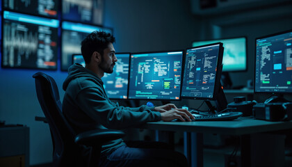 Focused Programmer Working in a High-Tech Environment