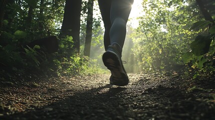 A person is running through a forest with sunlight shining through the trees