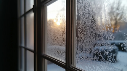 Fototapeta premium A frosty windowpane with intricate ice patterns. Background, winter mood,