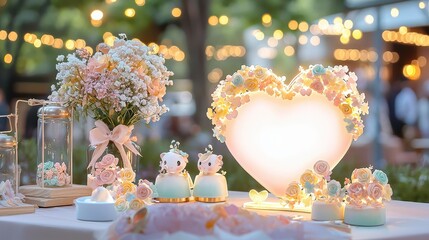Romantic pastel floral heart centerpiece with adorable figurines