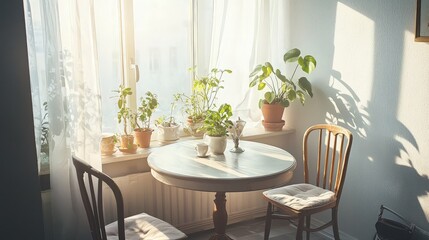 Sunny morning, plants, window, breakfast, cozy room, home decor.