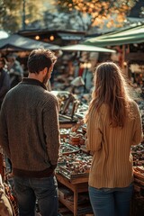 Fototapeta premium Couple exploring vibrant market stalls filled with eclectic trea