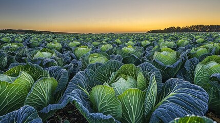 Sunrise over vast cabbage field, agriculture, rural landscape, food production.
