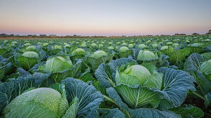 Sunrise over vast cabbage field, rural farm.