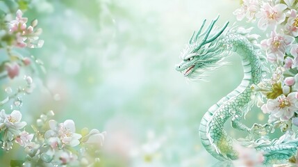 Fototapeta premium Serene jade dragon amidst blossoming spring flowers