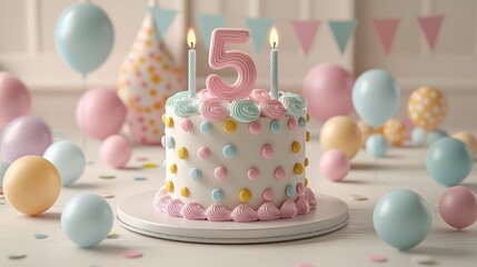 A festive birthday cake with a "5" candle, surrounded by balloons and decorations.