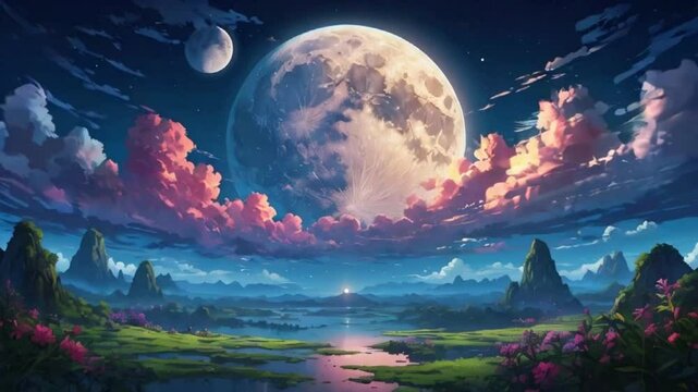 Envision clouds parting to reveal floating islands adorned with glowing flora, illuminated by the moon&rsquo;s radiant light, 2D flat anime style illustration, 4k landscape animation video