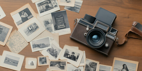 A vintage camera is beautifully captured with nostalgic black-and-white photos strewn around it, evoking memories of the past and capturing timeless moments.