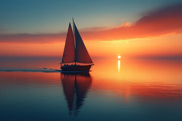 Sailboat Sailing on Calm Ocean at Sunset