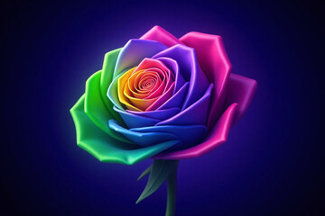 vibrant stylized rose with rainbow petal navy blue bg