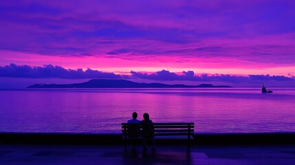 Silhouette of couple sitting on bench, watching vibrant purple sunset over calm ocean and distant island.