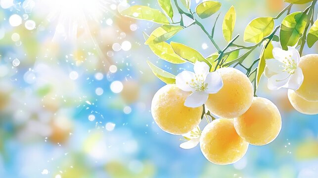 Sunlit citrus branch, blossoms, ripening fruit