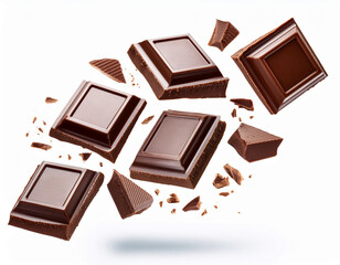 Dark organic chocolate pieces isolated on white background