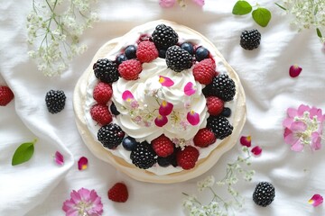 Delicate dessert topped with fresh berries and whipped cream, ad