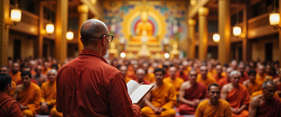 Obraz premium Buddhist monk delivering sermon during Magha Puja Day in temple, spiritual focus