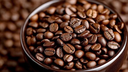 Fototapeta premium Dark roasted coffee beans scattered across a surface highlighting their rich color and texture in a cozy kitchen setting, brown trendy color, mocha mousse style