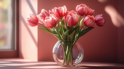 Fototapeta premium Pink Tulips Bouquet in Glass Vase Transparent Background.
