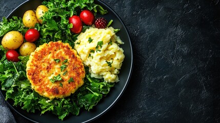 Delicious plate of mashed potatoes and crispy fish cake with greens