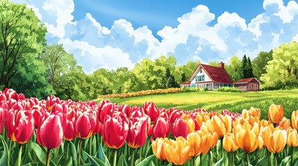 Springtime House Amongst Blooming Tulips Field