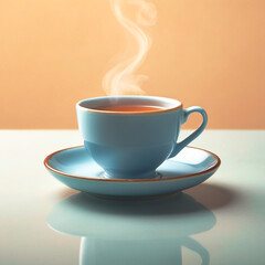 Tea in a blue cup with steam rising.