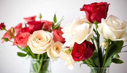 Bouquet of red and white roses in vases, still life
