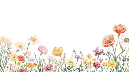 Colorful spring flowers pencil drawing on transparent background