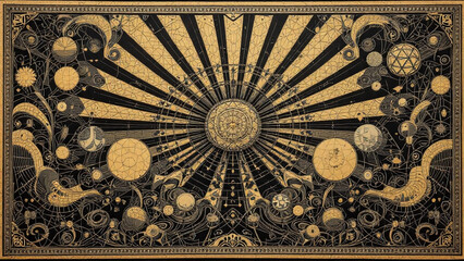 Obraz premium Stunning Scratchboard Art Displaying Celestial Elements in Golden and Black