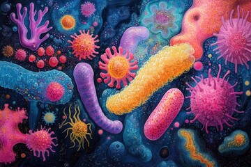 Fototapeta premium colorful abstract representation of bacteria and probiotics featuring various whimsical shapes and vibrant colors against a bright backdrop creating a lively microbiology scene