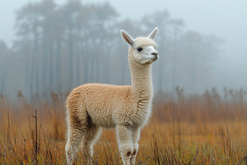 Fototapeta premium Young Alpaca Stands in Foggy Field