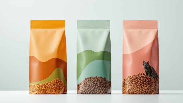 Trio of Colorful Cat Food Packaging Bags with Modern Design