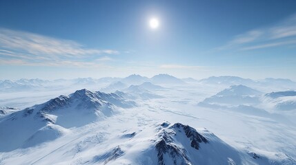 Arctic Wonderland: A Breathtaking Panorama of Snowy Mountains under a Bright Sun