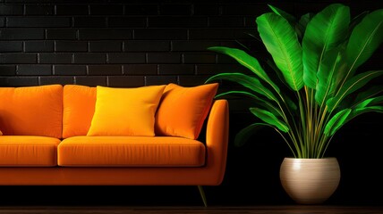 Velvet sofa and wooden flooring interior concept. A vibrant orange couch beside lush greenery against a dark brick wall creates a striking modern interior scene.