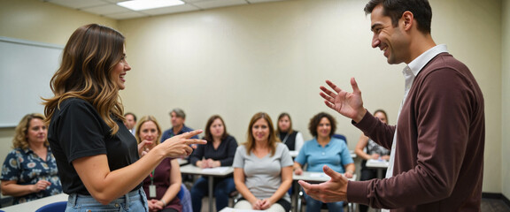 Diverse adults engaging in sign language learning at community center, inclusion
