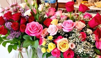 Colorful roses in vases, home, gift
