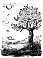 Obraz premium Serene Landscape with Blooming Tree - Tranquil scene, blooming tree, birds in flight, moonlit sky, gentle hills. Symbolizes peace, nature, growth, hope, serenity.