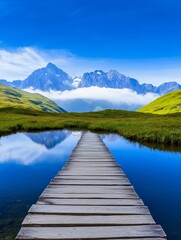 Fototapeta premium Serene Mountain Lake Path - Peaceful journey, reflection, nature, tranquility, mountain vista.