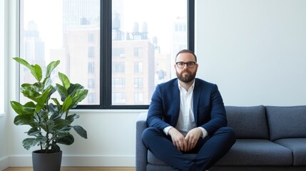 Confident businessman sits on a gray couch in a modern office, legs crossed, looking directly at the camera.