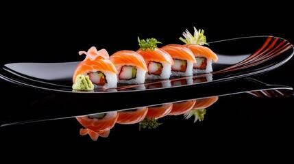 Close-up of fresh salmon sushi nigiri placed on a sleek black plate, garnished with wasabi, pickled ginger, and soy sauce.