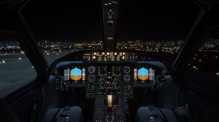 Fototapeta premium A nighttime cockpit view of an aircraft, showcasing various instruments and illuminated displays against a backdrop of city lights.