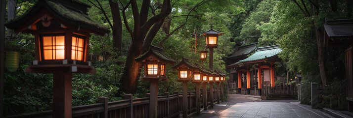 Fototapeta premium A tranquil path flanked by glowing traditional lanterns leads through lush forest and towards a cultural shrine, creating a peaceful and mystical atmosphere.