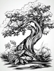 Fototapeta premium Ancient Twisted Tree by Stream - Majestic tree, gnarled trunk, flowing stream, lush foliage, serene nature. Symbolizing: age, strength, tranquility, growth, resilience.