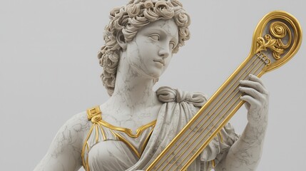 Obraz premium A detailed statue of a woman holding a lyre, adorned with gold accents, showcasing classical artistry and musical themes.