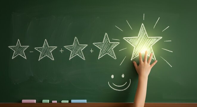 Hand reaching glowing star on chalkboard to emphasize feedback and excellence in service with creative education style