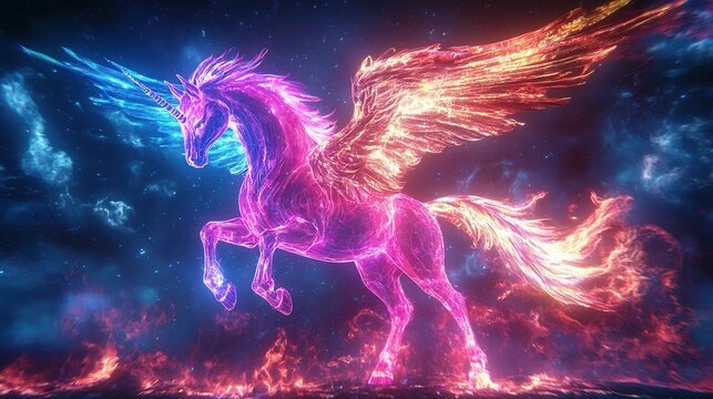 A vibrant, glowing unicorn with wings stands amidst a cosmic backdrop, radiating colors of pink and blue in a fantasy scene.