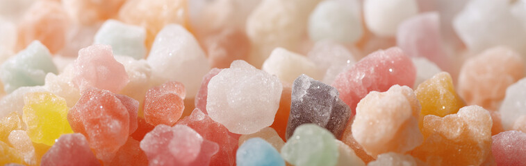 Fototapeta premium A vibrant array of sugar candies in pastel colors is captured in close-up, highlighting their sugary texture and delightful variety, evoking sweetness and joy.