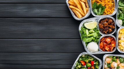 Assorted Takeaway Food Containers on Dark Wood - Delicious variety of meals in foil containers, showcasing healthy eating, convenience, takeout, and diverse cuisines. Perfect for restaurant menus or f