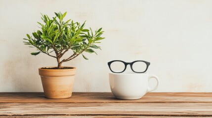 Fototapeta premium Creative still life with plant and glasses on wooden table against light background
